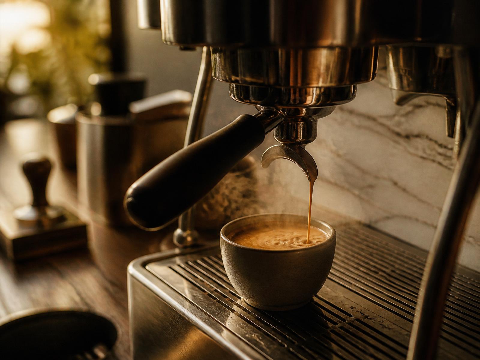 An espresso shot being pulled at Roast & Ember